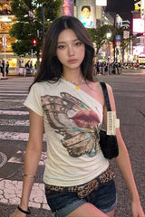 Butterfly Lips Print Off‑Shoulder T‑shirt