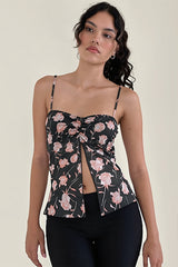 Mesh Rose Print Split Cami Top