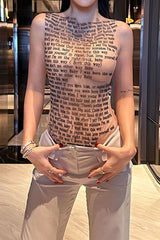 Letter Print Sheer Mesh Sleeveless Crew Neck Slim Blouse