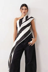 Striped Chiffon One Shoulder Tie Blouse