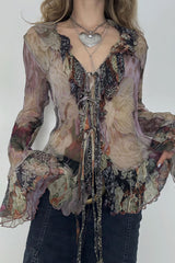 Tie Dye Mesh Ruffle Flare Sleeve Blouse