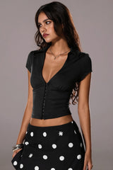 V Neck Button Elastic Slim Crop Blouse
