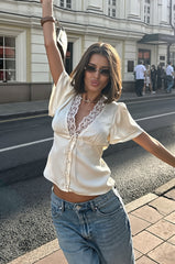 Casual Lace Satin Splice Tie Blouse