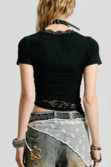 Lace Patchwork Cropped Slim T-shirt