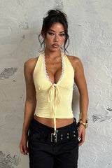 Solid Lace Trim Patchwork Deep V Halter Top