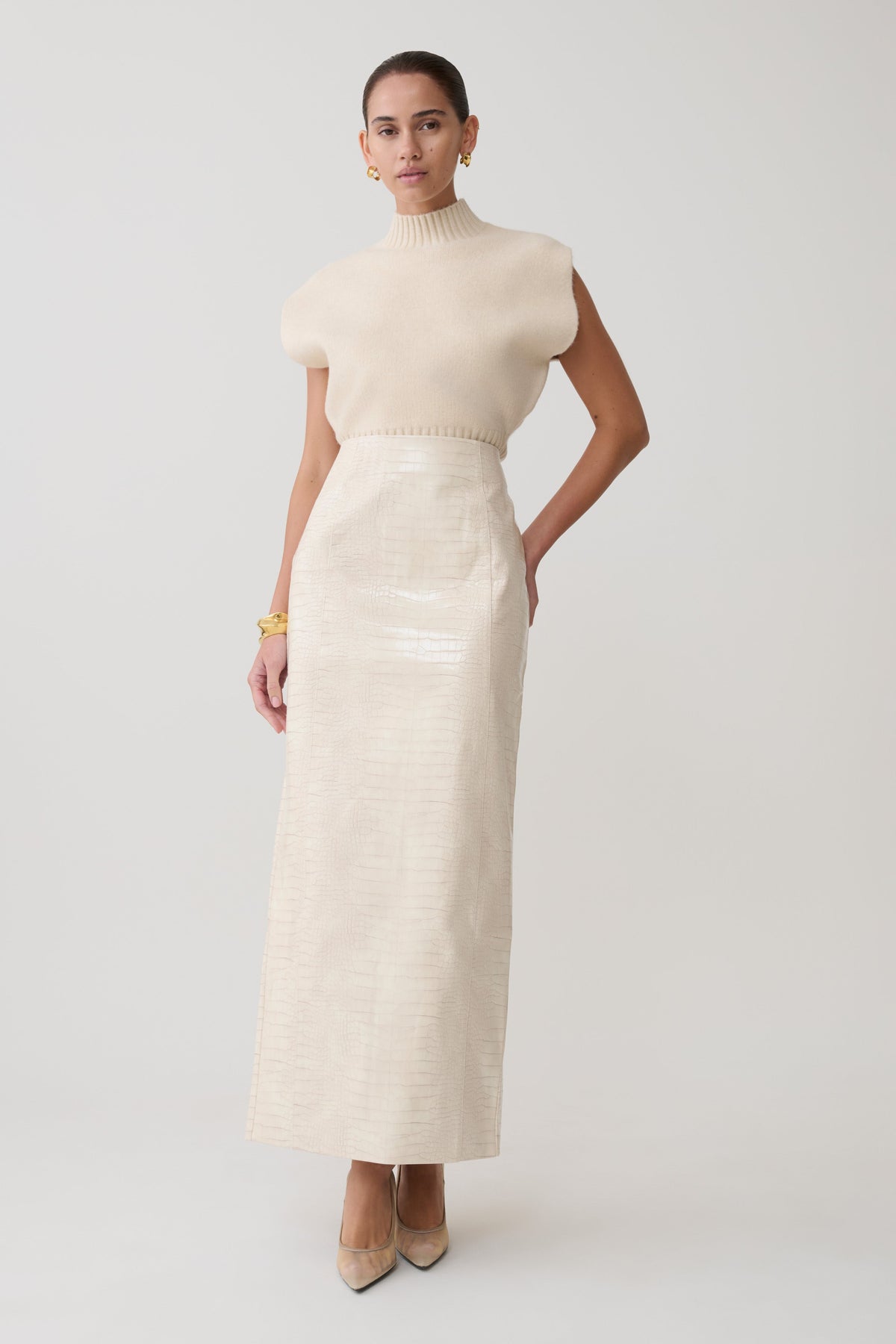 Thalia Croc Faux Leather Midi Skirt - Ivory
