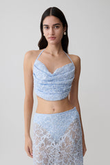 Kiara Pearl Beaded Cowl Crop Top - Powder Blue