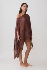 Leilani Sheer Draped Asymmetric Top - Chocolate