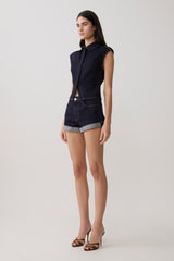 Jeremy Collared Denim Longline Top - Washed Indigo Blue