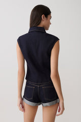 Jeremy Collared Denim Longline Top - Washed Indigo Blue
