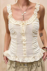 Lace Ruffle Tie Button Cami Top