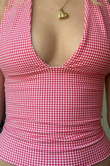 Plaid Deep V Tie Waist Halter Top