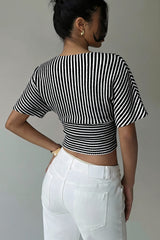 V Neck Striped Bat Sleeve T-shirt