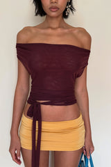 Chic Burgundy Draped V Neck Cinched Crop Blouse