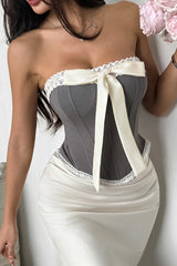 Lace Ruffle Trim Bow Detail Boned Cami Sexy Blouse