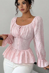 U Neck Tie Long Sleeve Designer Blouse