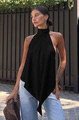Loose Wavy Irregular Hem Backless Halter Top
