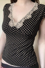 Deep V Neck Polka Dot Lace Blouse
