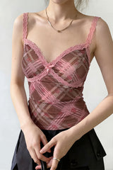 Elegant Pink Plaid Lace Cami Top