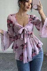 Floral Tie Dye Square Neck Tie Long Sleeve Blouse