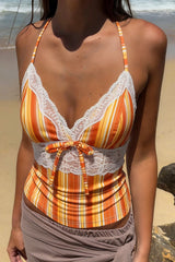 Lace Spliced Orange Striped Halter Top