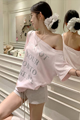 Letter Print Pink Off‑Shoulder T‑shirt
