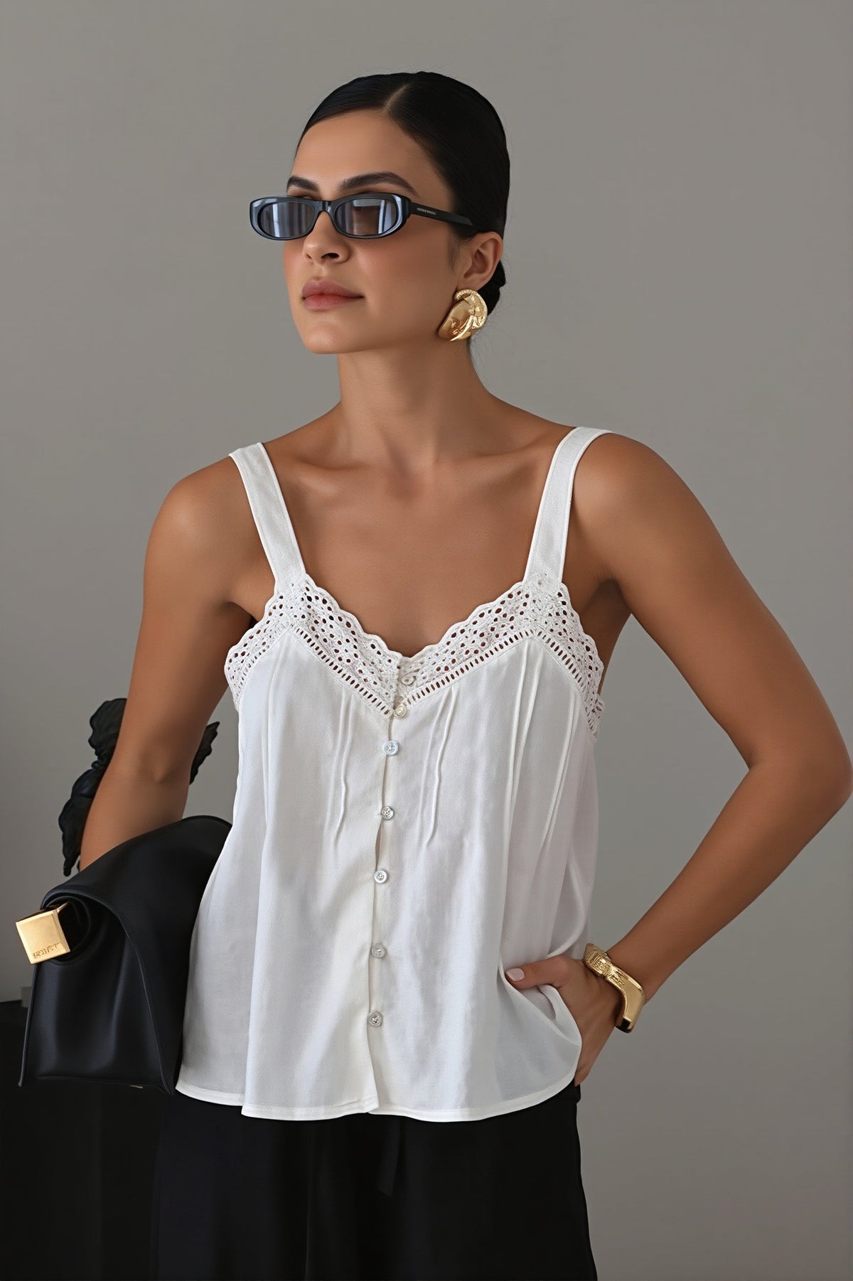 Cotton V Neck Lace Trim Relaxed Cami Top
