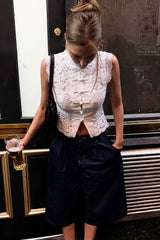 Chic Lace Stand Collar Sleeveless Top Knot Buttons Blouse