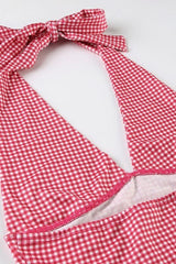 Plaid Deep V Tie Waist Halter Top