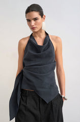 Cowl Neck Backless Asym Draped Halter Top
