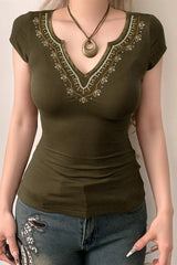 Retro V Neck Embroidered Knit Blouse