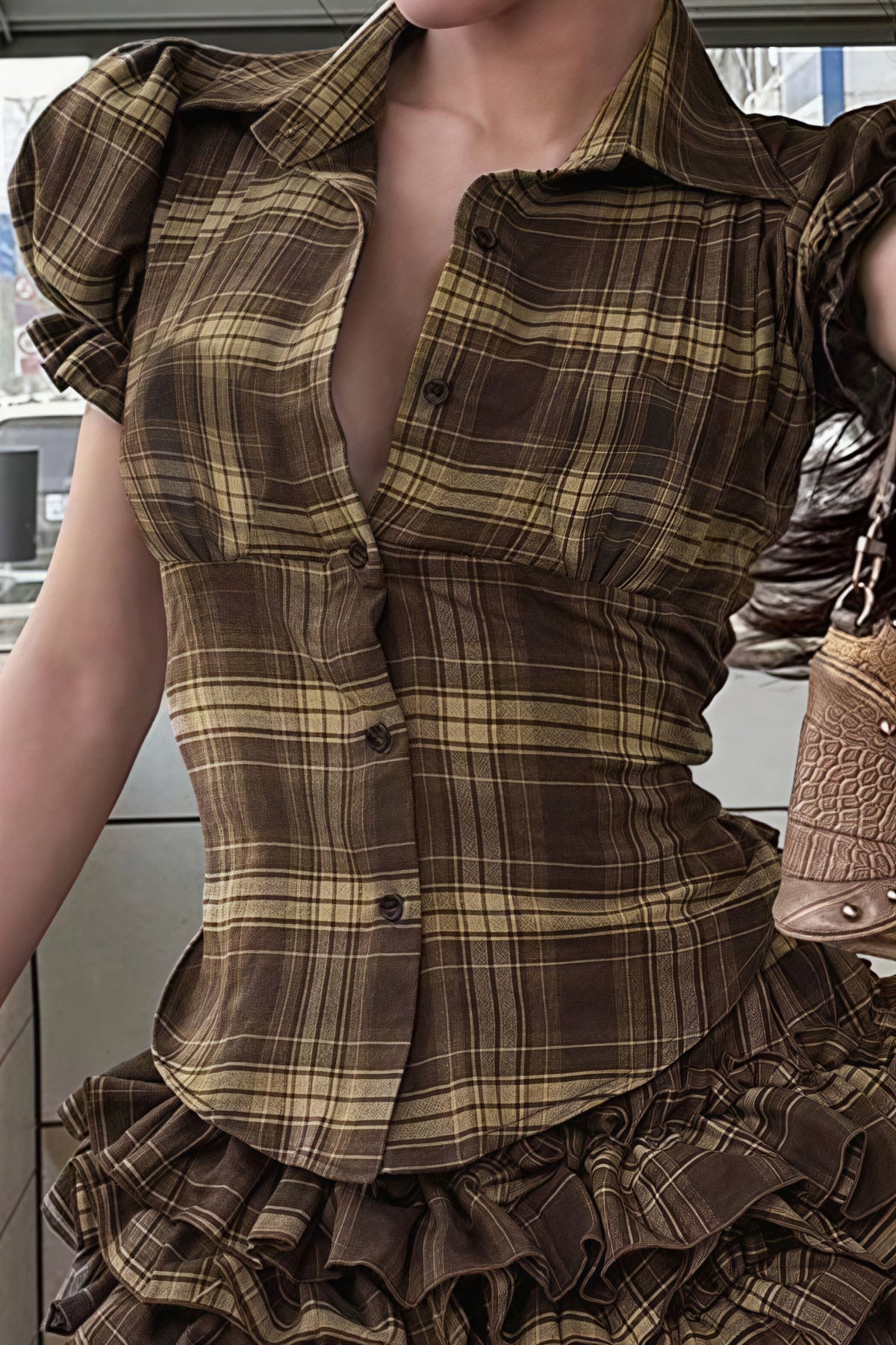 Plaid Lapel Button Puff Sleeve Ruched Blouse