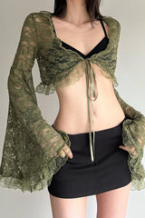 Sheer V Neck Lace Flare Sleeve Blouse