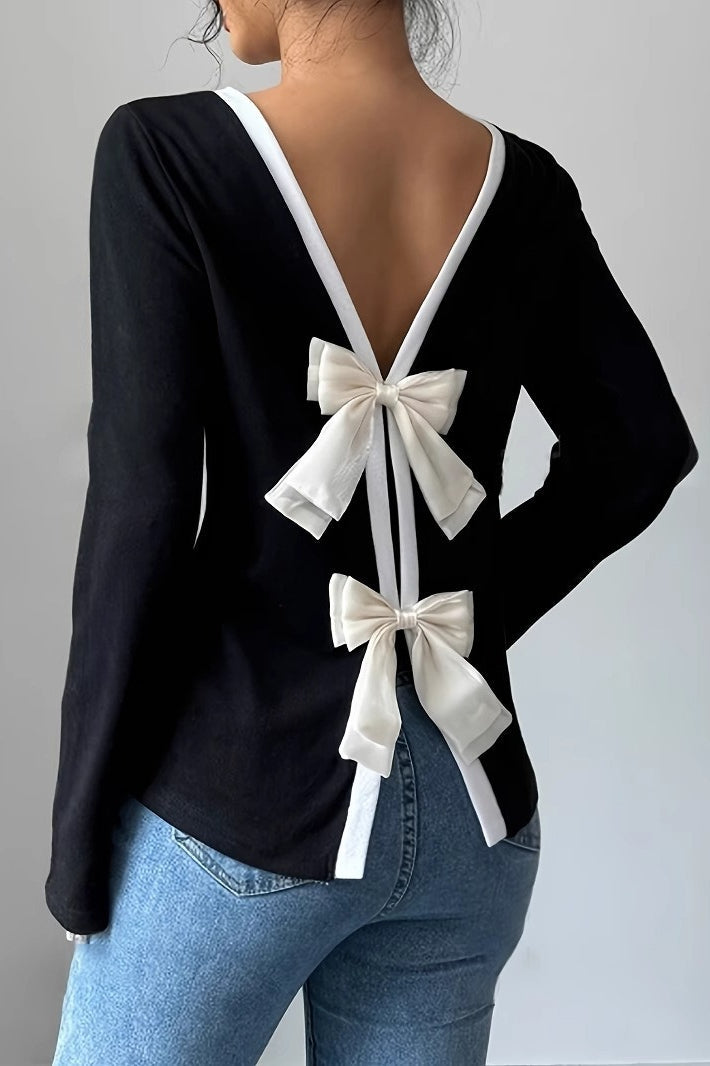 Bow Back Loose Casual Long Sleeve Tee
