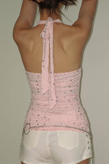 Embossed Print Solid Tie Halter Top