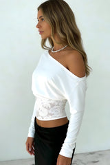 Lace Splice Off Shoulder Bat Sleeve Blouse