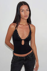 Rivet Backless Solid Cropped Halter Top