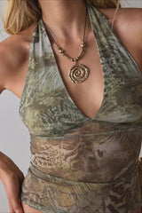 Stylish Printed Mesh Sexy Halter Top