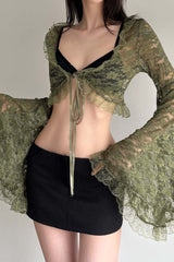 Sheer V Neck Lace Flare Sleeve Blouse