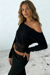 Lace Splice Off Shoulder Bat Sleeve Blouse