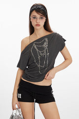 Asym Neck Beaded Cropped T‑shirt