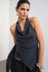 Cowl Neck Backless Asym Draped Halter Top