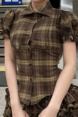 Plaid Lapel Button Puff Sleeve Ruched Blouse