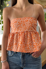 Floral Ruffle Strapless Cropped Blouse