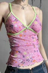 Mesh Floral Contrast V Neck Cami Top